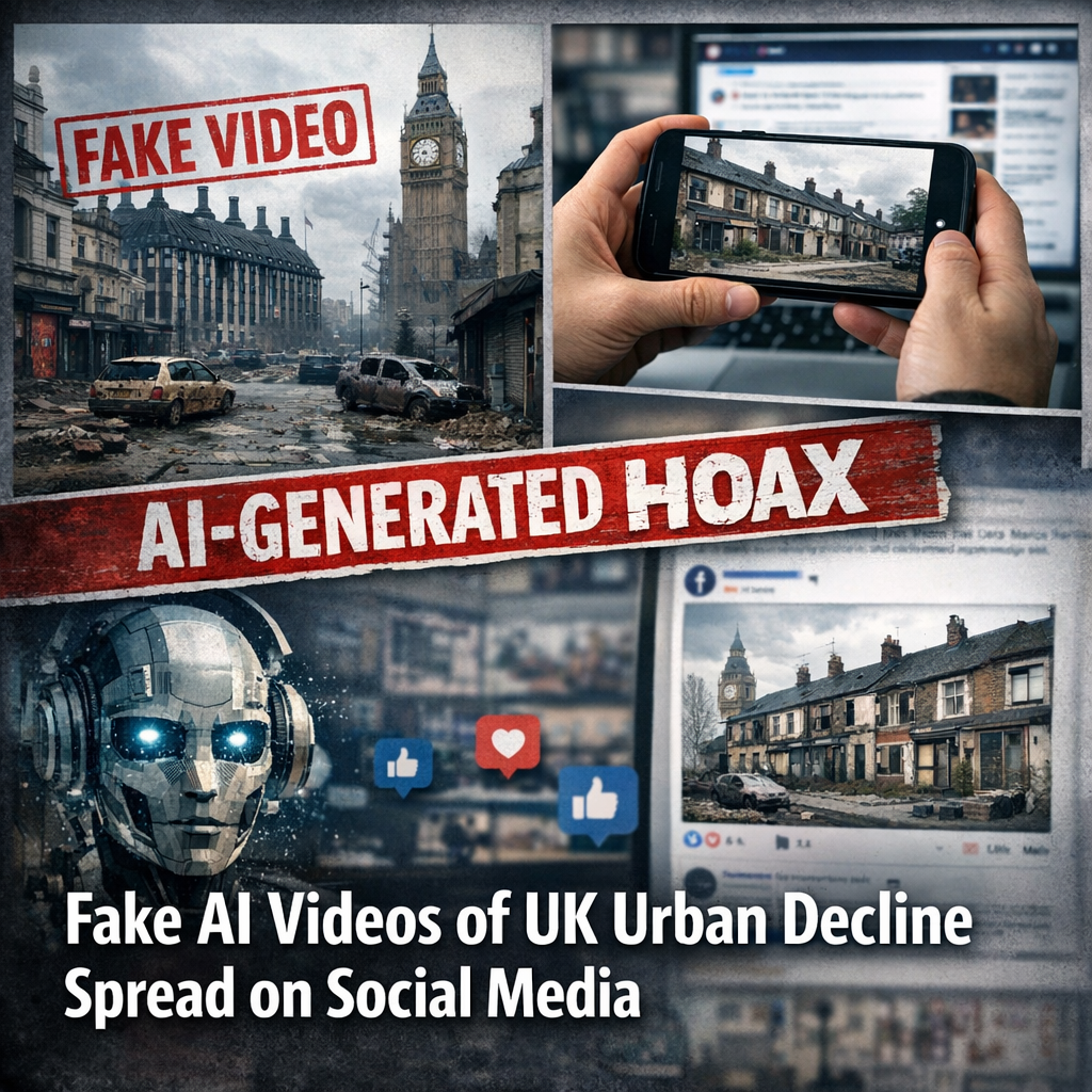 Illustration of Fake AI videos depicting UK urban decline spread on social media