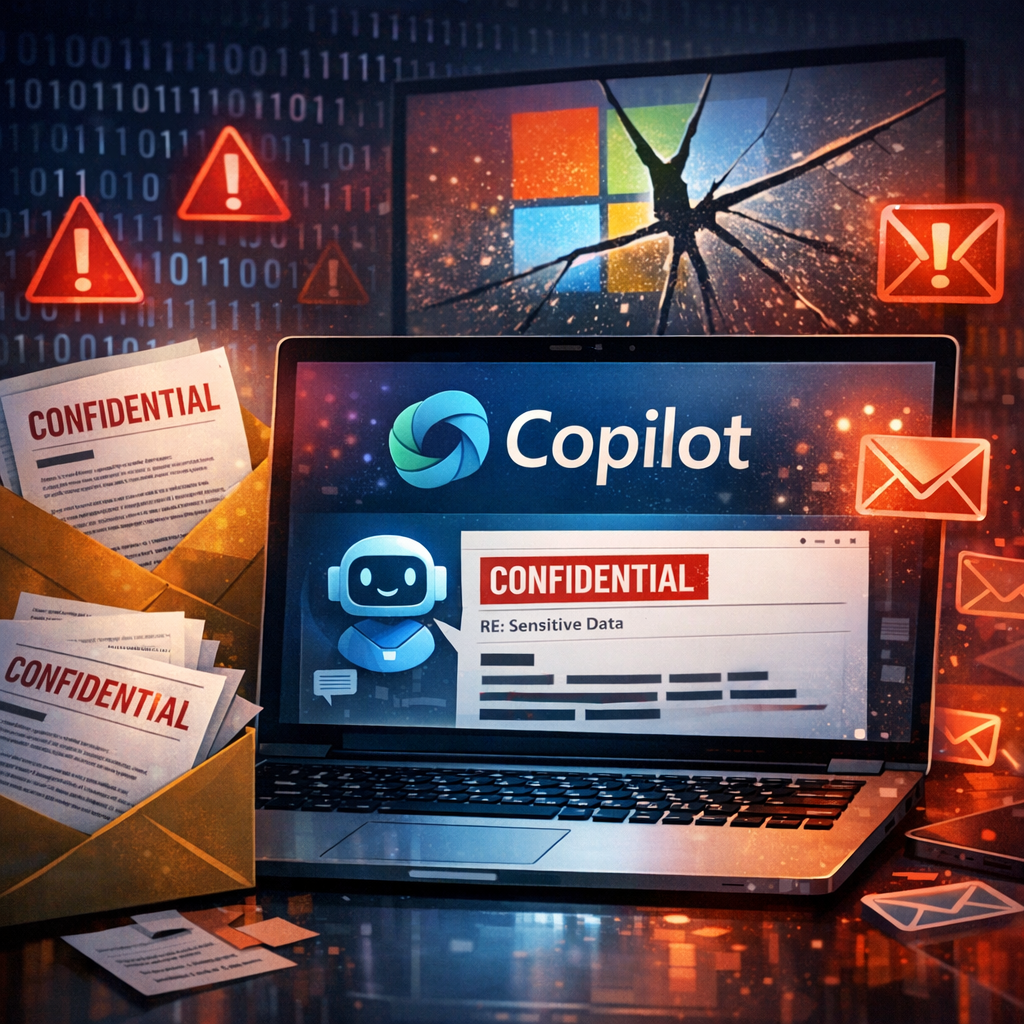 Illustration of Microsoft error exposes confidential emails to Copilot AI tool