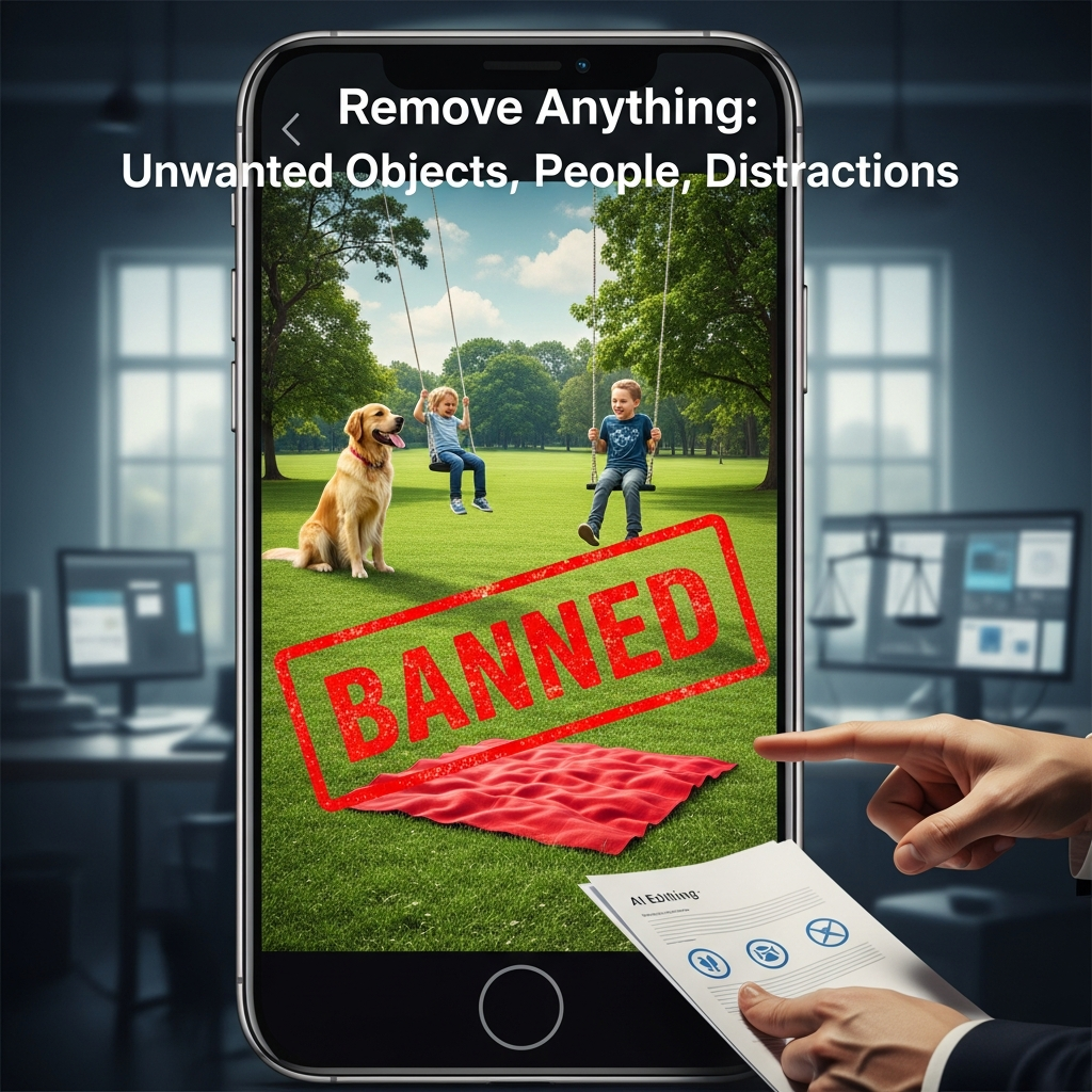 Illustration of Ad for AI editing app banned over 'remove anything' claim