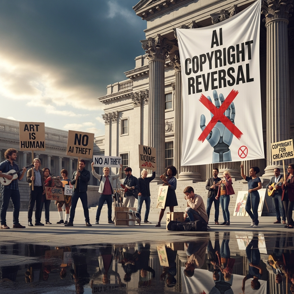 Illustration of Government reverses AI copyright plans after artists protest