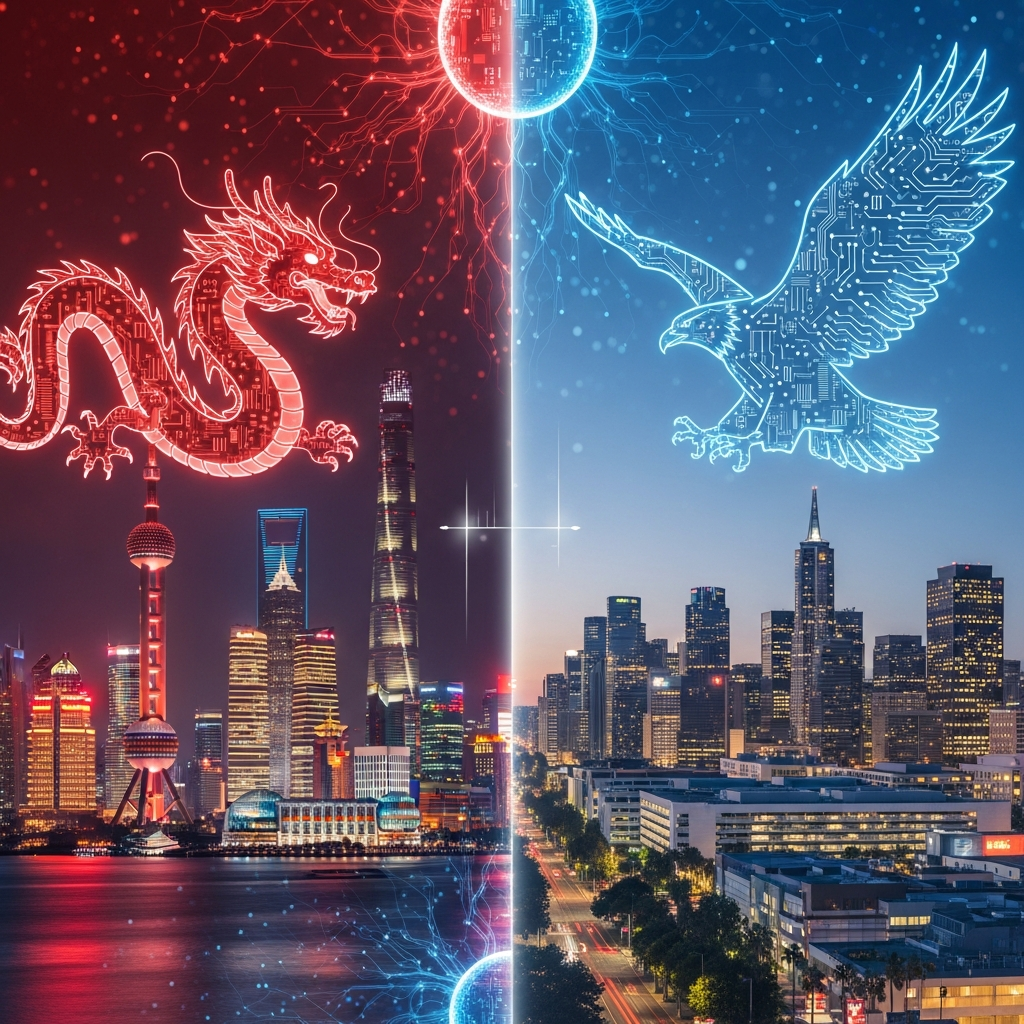 Illustration of China and US lead separate AI races