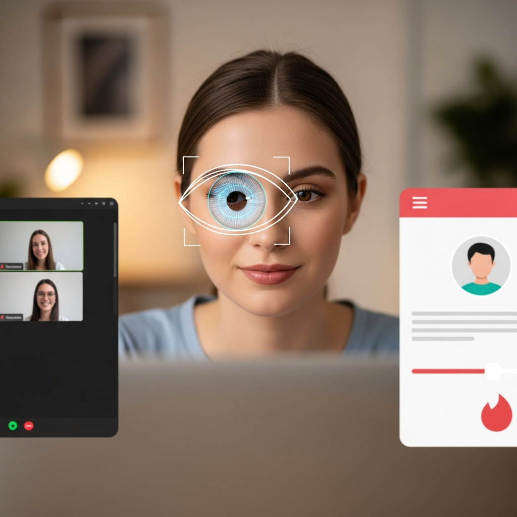 Illustration of Tinder, Zoom test eye-scans to verify human users